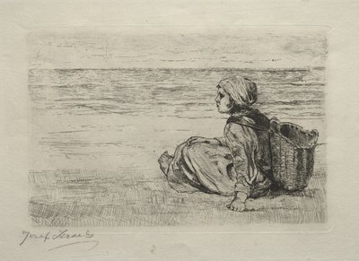 Meisje met mand zittend aan de kust door Jozef Israëls