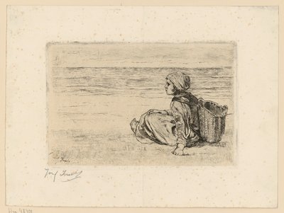 Meisje met een draagmand op de rug op het strand door Jozef Israëls