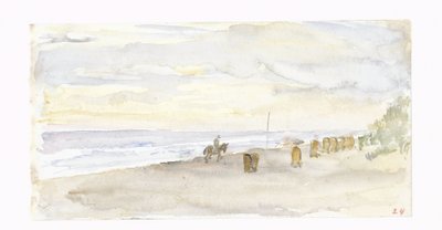 Strandgezicht met ruiter en badstoelen door Jozef Israëls
