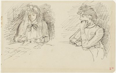 Twee studies van een vrouw zittend aan een tafel door Jozef Israëls
