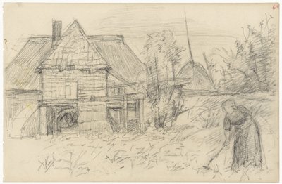 Watermolen met harkende vrouw door Jozef Israëls