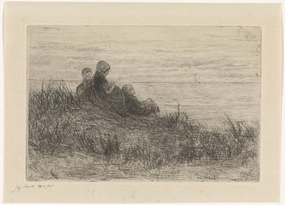 Duinlandschap met moeder en kinderen door Jozef Israëls (signed by artist)