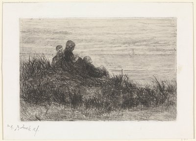 Duinlandschap met moeder en kinderen door Jozef Israëls (signed by artist)