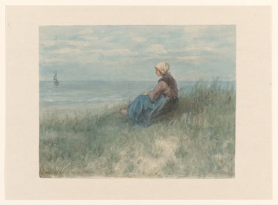 Een vrouw zit op een duin naar zee te kijken door Jozef Israëls