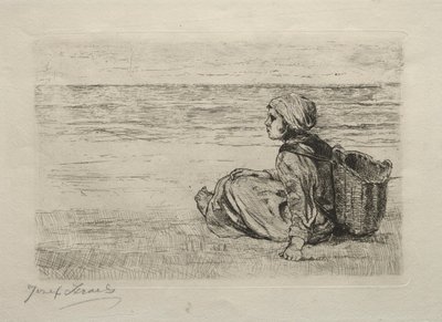 Meisje met mand zittend aan de kust door Jozef Israëls