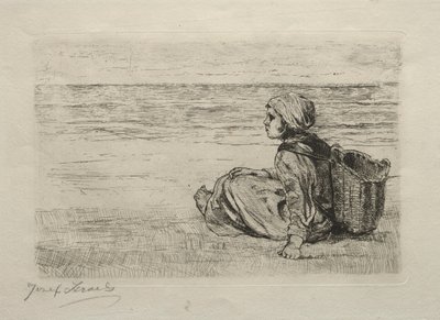 Meisje met mand zittend aan de kust door Jozef Israëls