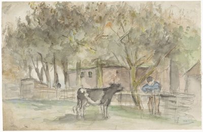 Landschap met een koe en een boer door Jozef Israëls