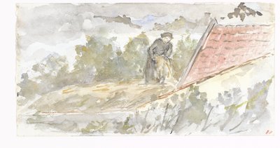 Landschap met vrouw en dak van een huis door Jozef Israëls