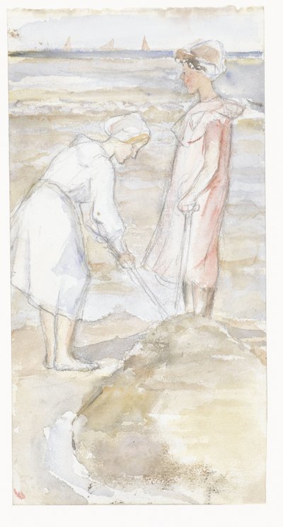 Twee meisjes in roze en wit op het strand door Jozef Israëls