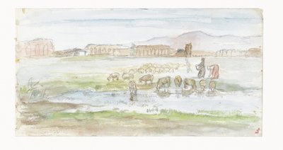Vlakte met schapen, op de achtergrond ruïnes van een aquaduct door Jozef Israëls