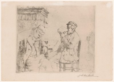 Twee drinkende mannen aan tafel bij een schouw door Jozef van Snick