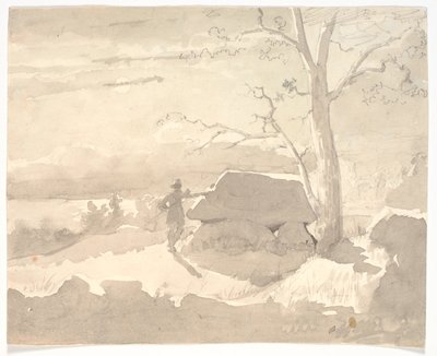 Landschap in maanlicht. Een jager naast een dolmen door Jørgen Roed