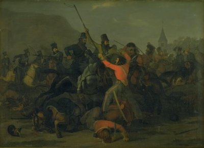 Kolonel Boncke Bönnichsens val op 6 december 1813 tijdens een gevecht tussen Jutlandse dragonders en Kozakken door Jørgen V. Sonne