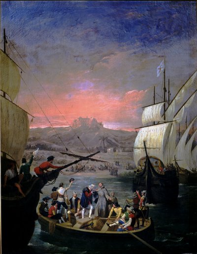 Vertrek in 1492 van de karvelen Santa Maria, de Pinta en de Nina (olie op doek) door Juan Cabral Bejarano