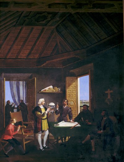 De Garcia Fernandez fysicus Pera Juan Perez en Martin Alonso Pinzon in gesprek in de kapittelzaal van het klooster van La Rabida door Juan Cabral Bejarano