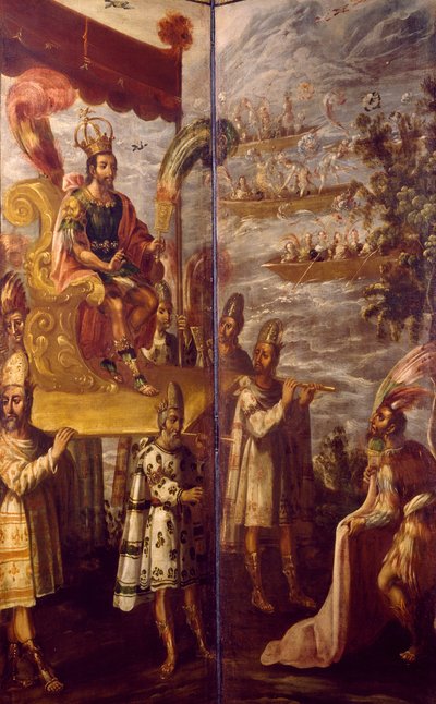 Montezuma, detail van de ontmoeting tussen Cortes en Montezuma, scherm toegeschreven aan Juan Correa (1645-1716) door Juan Correa