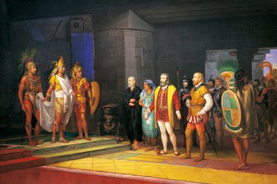 Hernan Cortez ontmoet Montezuma in Mexico door Juan Ortega