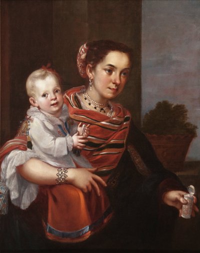 Casta schilderij (Van Spanjaard en Morisca, Albino) door Juan Patricio Morlete Ruiz