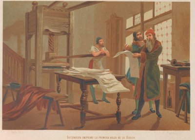 Gutenberg drukt de eerste pagina van de Bijbel. Uit: La ciencia y sus hombres door Juan Planella y Rodríguez