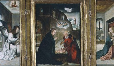 De Geboorte van Christus Drieluik met de Geboorte geflankeerd door de Aankondiging door Juan de (school of) Flandes