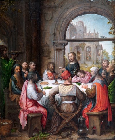 Het Laatste Avondmaal, met de Instelling van de Eucharistie en Christus die de Voeten van de Discipelen Wast door Juan de (school of) Flandes