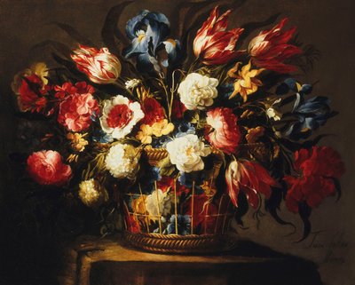 Bloemen in een mand op een stenen richel door Juan de Arellano