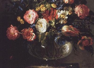 Rozen, Tulpen, Hyacinten en Jasmijn in een Glazen Vaas door Juan de Arellano