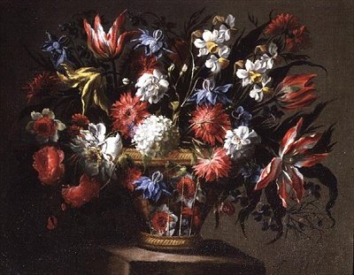 Stilleven van tulpen, narcissen en andere bloemen in een mand door Juan de Arellano