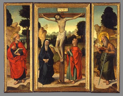 Kruisiging met de Maagd en de heiligen Johannes de Evangelist, Petrus en Paulus, ca. 1520-1540 door Juan de Borgoña