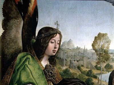 Doop van Christus, detail van het hoofd van een engel door Juan de Flandes