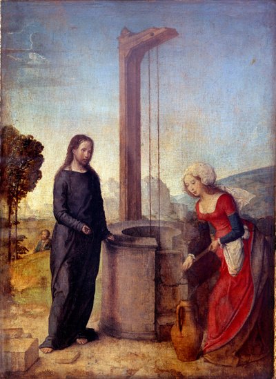 Christus en de Samaritaan. Schilderij door Juan de Flandes (bekend van 1496 tot 1519) door Juan de Flandes