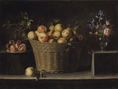 Appels in een rieten mand, een granaatappel op een zilveren bord en bloemen in een glazen vaas door Juan de Zurbaran