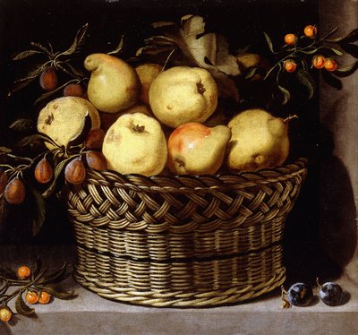Een rieten mand met fruit op een stenen richel door Juan van der Hamen y Leon