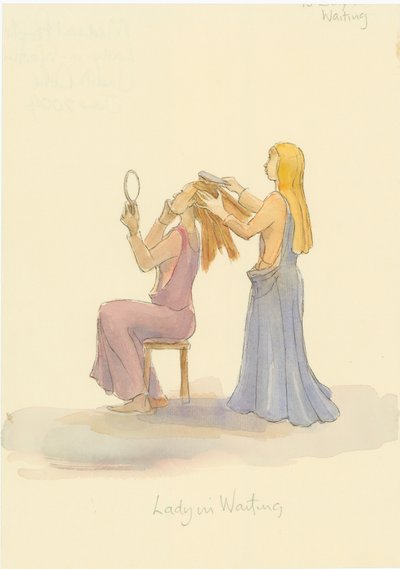 Een middeleeuwse dame in afwachting, die het haar van een dame borstelt, 2004 door Judith Dobie