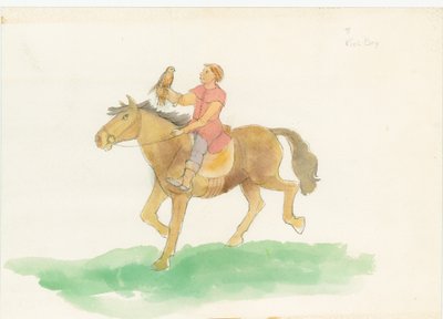 Een middeleeuwse man, afgebeeld rijdend op een paard met een roofvogel op zijn arm, 2004 door Judith Dobie