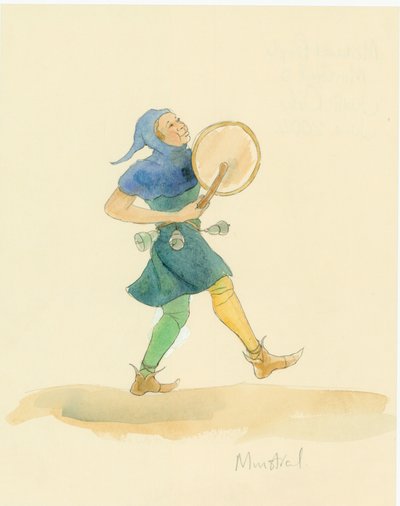 Een middeleeuwse minstreel die een slaginstrument bespeelt, mogelijk een tabor, 2004 door Judith Dobie