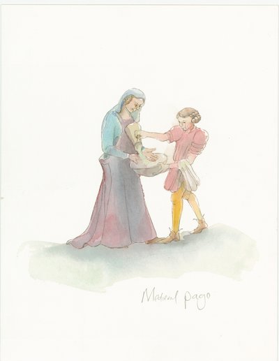Een middeleeuwse page helpt een dame haar handen te wassen door Judith Dobie