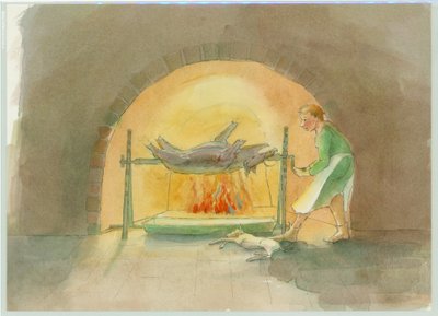 Een middeleeuwse spitjongen, die een spit draait in de keuken, 2004 door Judith Dobie