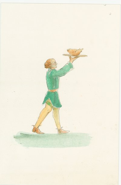 Een middeleeuwse ober met een schaal eten door Judith Dobie