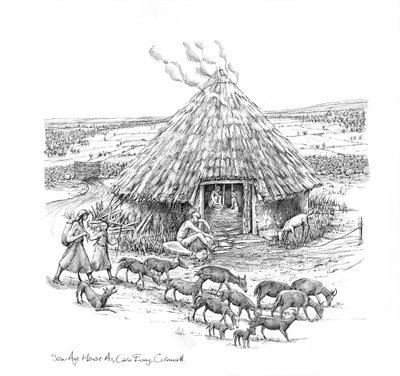 Boeren en een kudde geiten buiten IJzertijd Rondhuis, ca. 1990-2010 door Judith Dobie