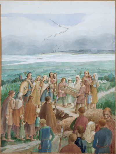 Reconstructie van een Saksische grafscène (aquarel op papier) door Judith Dobie