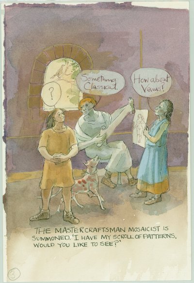 Twee personages praten met een meester ambachtsman en mozaïekwerker, 2003 door Judith Dobie