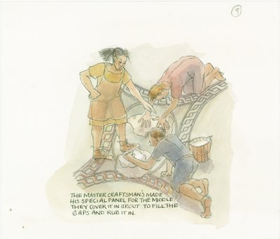 Twee arbeiders voegen een vloerplaat, gemaakt en begeleid door de meester-vakman door Judith Dobie