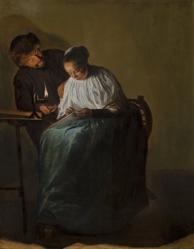 Man biedt geld aan een jonge vrouw door Judith Leyster
