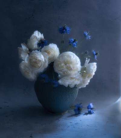 Donkerblauw bloemstilleven door Judy Tseng