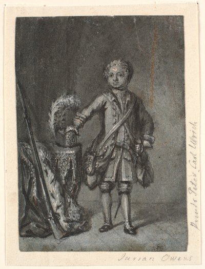 Portret van staande jongen in jachtuitrusting; links tafel met jachthoed en lang geweer. Prins Peter Carl Ulrich? door Jürgen Ovens