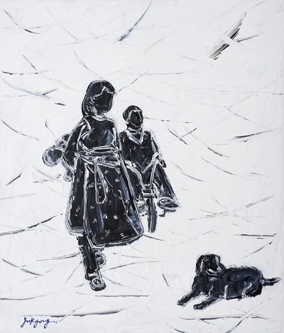 Kinderen die de hond uitlaten door Jukyong Park
