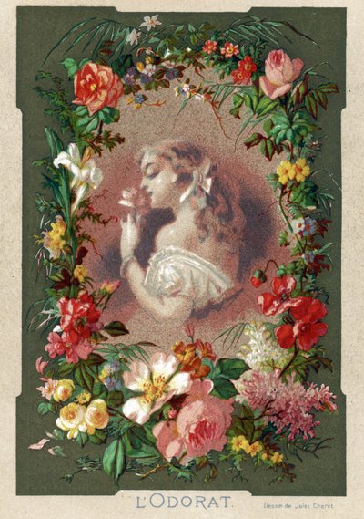 De geur, vrouw die aan een bloem ruikt in een decor van rozen, lelies en tulpen door Jules (after) Cheret