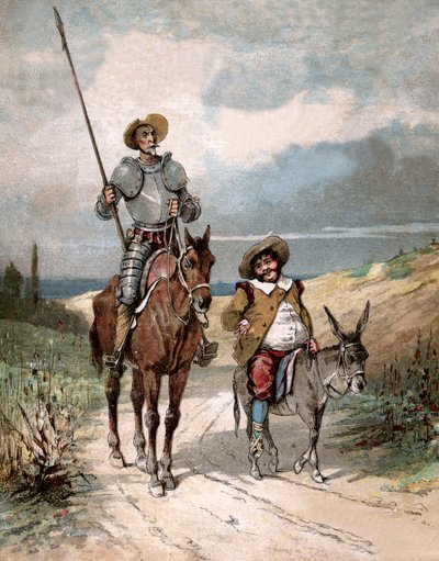 Don Quichot en Sancho Panza, illustratie van boek door Miguel de Cervantes "Histoire de Don Quichotte", gravure naar Jules David door Jules (after) David