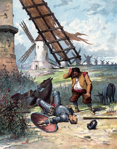 Don Quichot heeft gevochten met windmolens en is van zijn paard gevallen, Sancho Panza kijkt naar zijn meester, illustratie van boek door Miguel de Cervantes "Histoire de Don Quichotte", gravure naar Jules David door Jules (after) David